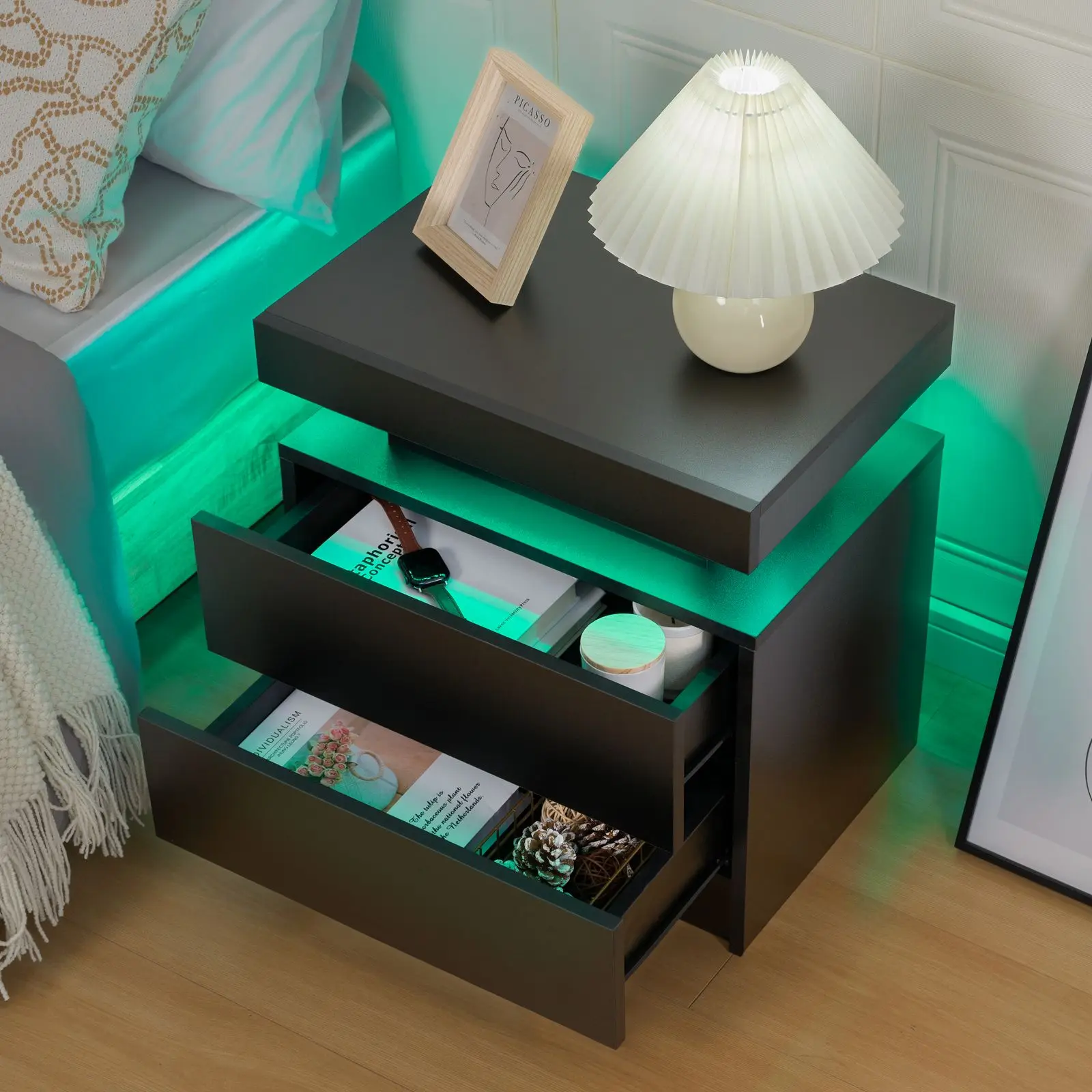 Cubehom LED Nightstands with 2 Drawers, End Table with RGB LED Lights for Bedroom Living Room, White Bedside Table