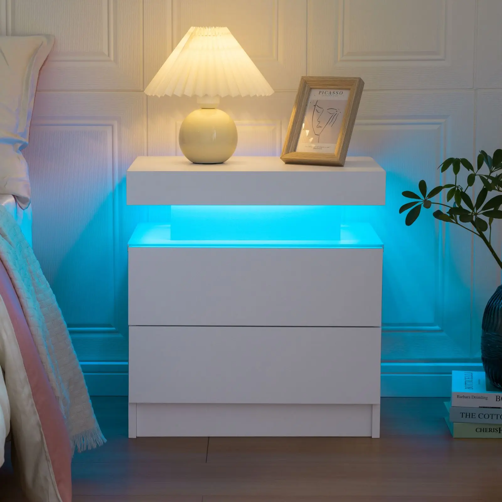 Cubehom LED Nightstands with 2 Drawers, End Table with RGB LED Lights for Bedroom Living Room, White Bedside Table