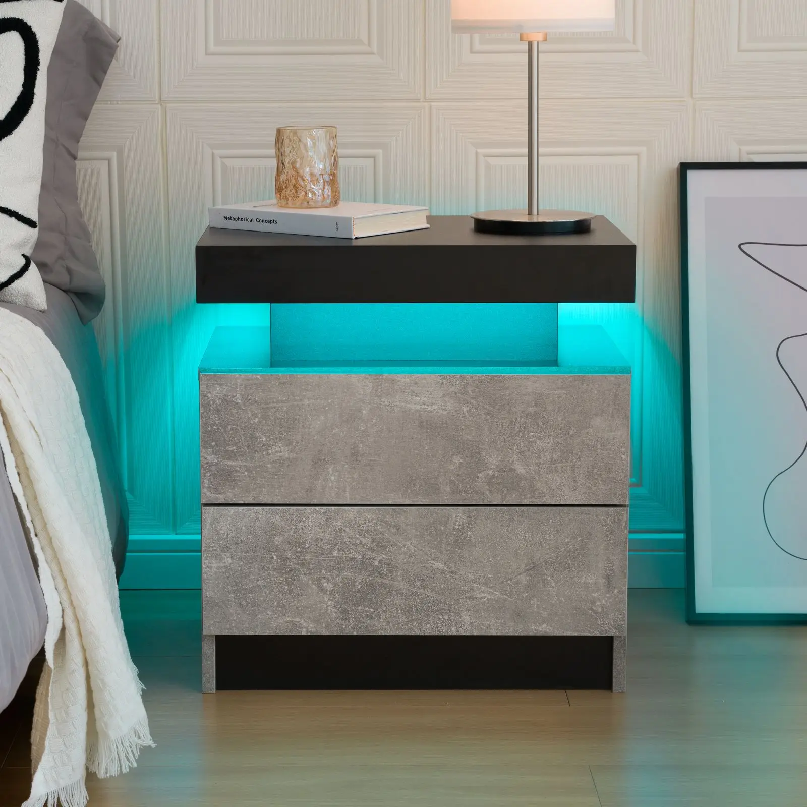 Cubehom LED Nightstands with 2 Drawers, End Table with RGB LED Lights for Bedroom Living Room, White Bedside Table