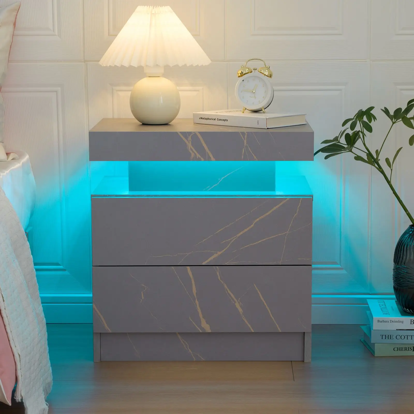 Cubehom LED Nightstands with 2 Drawers, End Table with RGB LED Lights for Bedroom Living Room, White Bedside Table