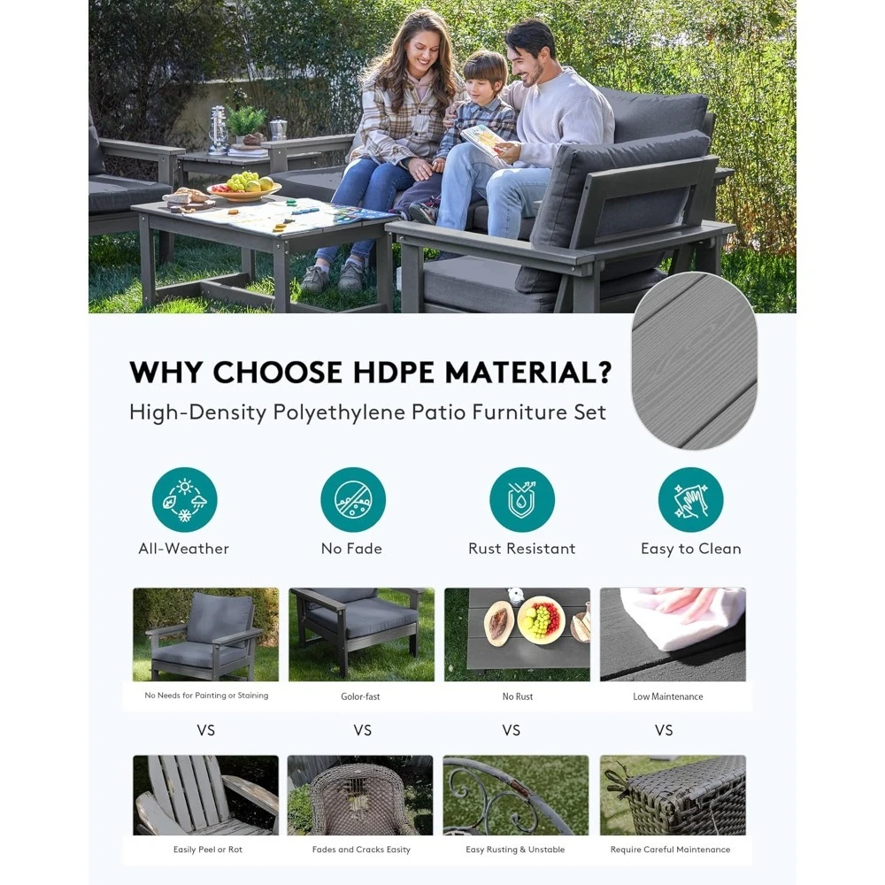 HDPE Patio Furniture Set, 7-Piece Outdoor Sectional Sofa Set, All Weather Outdoor Couch Set for Deck, Lawn, Grey Frame with Gre