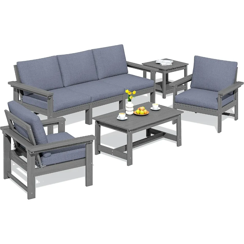 HDPE Patio Furniture Set, 7-Piece Outdoor Sectional Sofa Set, All Weather Outdoor Couch Set for Deck, Lawn, Grey Frame with Gre