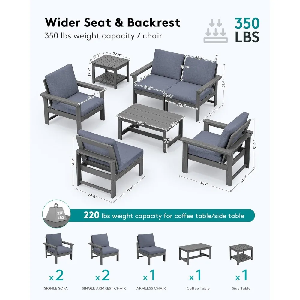 HDPE Patio Furniture Set, 7-Piece Outdoor Sectional Sofa Set, All Weather Outdoor Couch Set for Deck, Lawn, Grey Frame with Gre