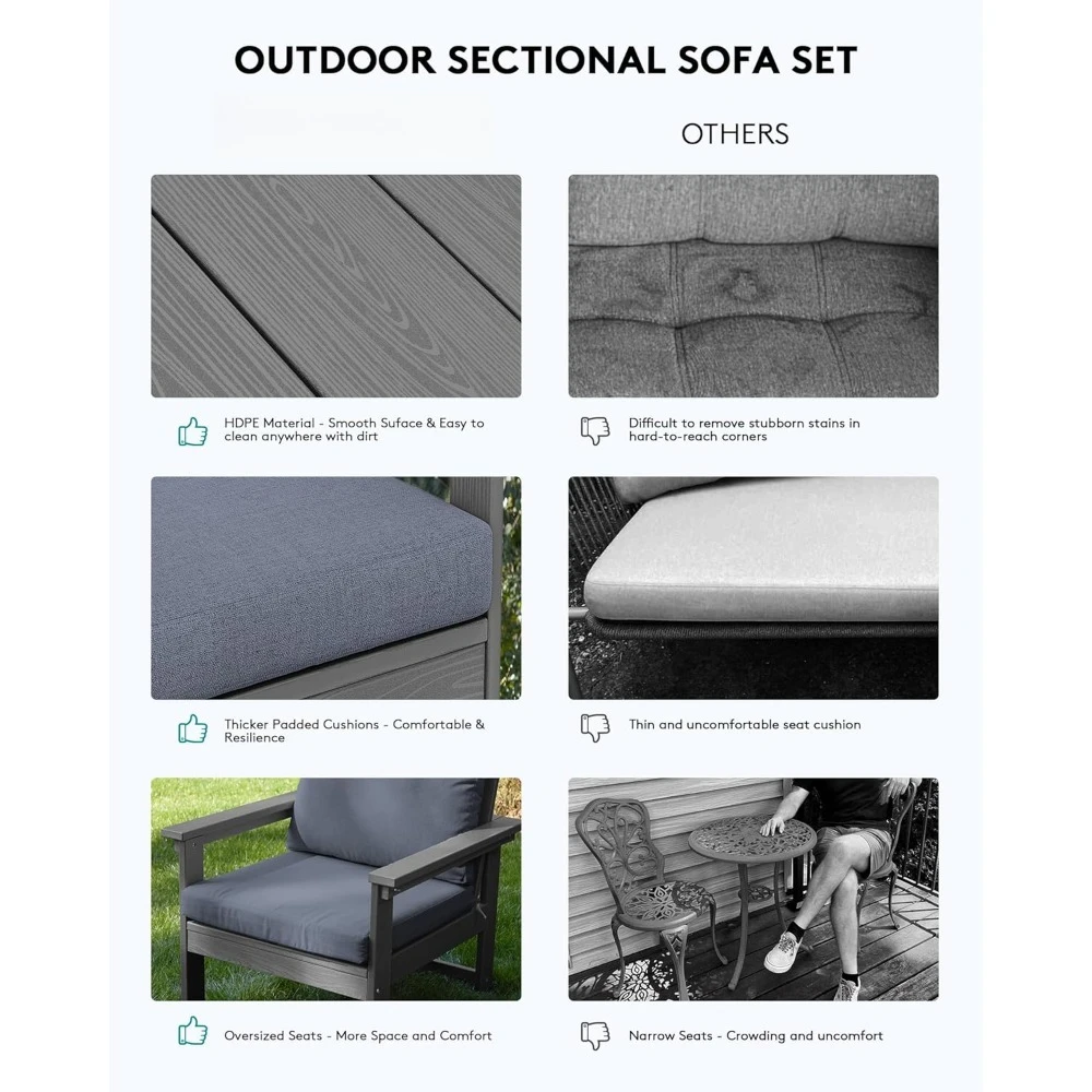 HDPE Patio Furniture Set, 7-Piece Outdoor Sectional Sofa Set, All Weather Outdoor Couch Set for Deck, Lawn, Grey Frame with Gre