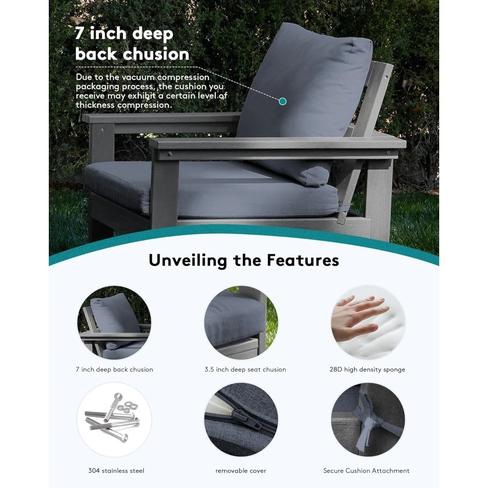 HDPE Patio Furniture Set, 7-Piece Outdoor Sectional Sofa Set, All Weather Outdoor Couch Set for Deck, Lawn, Grey Frame with Gre