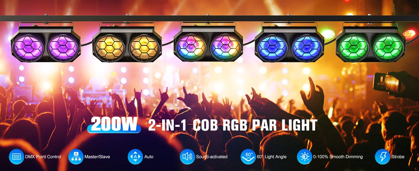 Datewink 1/2Pcs 200W COB RGB LED Par Lights Cool&Warm White Audience Strobe Stage Light DMX For DJ Disco Party Wedding Nightclub