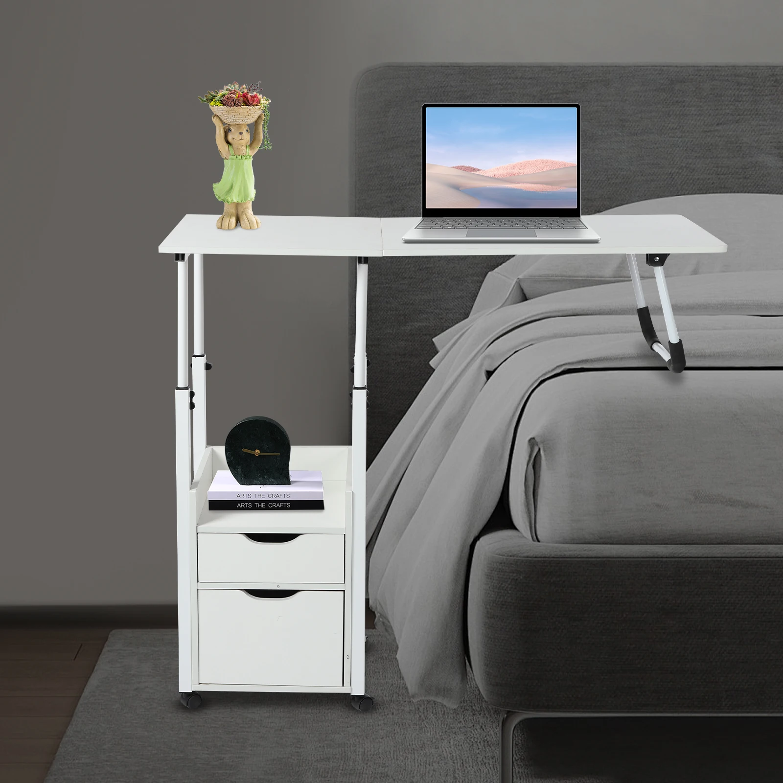 Movable Bedside Table Warp-Proof OverBed Desk Height Adjustable EASY Cleaning Multi-Function Bed Table for Bedrooms/Dormitories