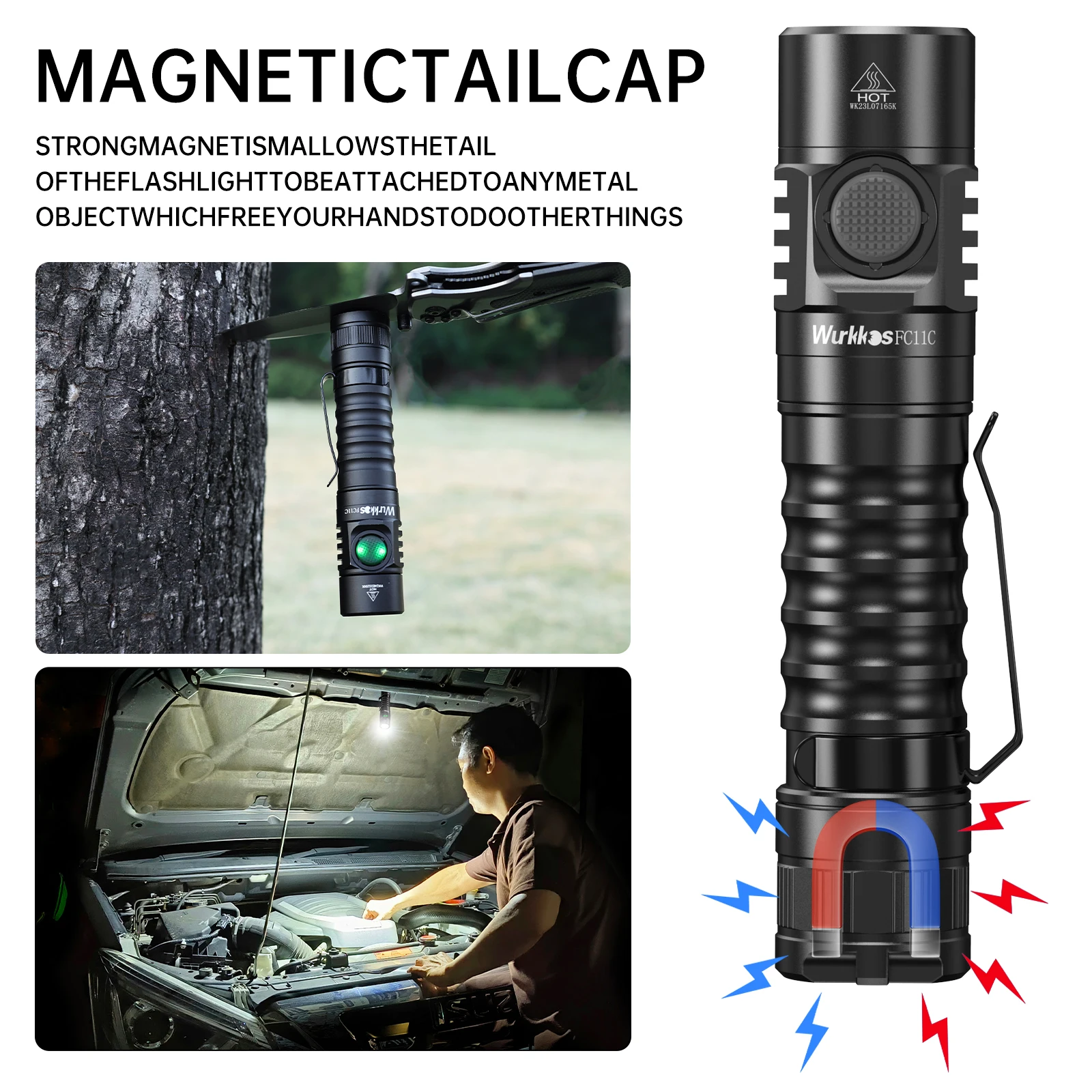 Wurkkos FC11C 519A USB-C Rechargeable EDC 18650 Flashlight Max Output 1200 LM IP68 Waterproof Magnetic Tail Hiking Travel Torch