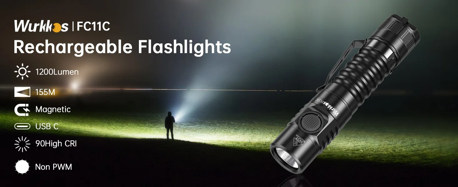Wurkkos FC11C 519A USB-C Rechargeable EDC 18650 Flashlight Max Output 1200 LM IP68 Waterproof Magnetic Tail Hiking Travel Torch