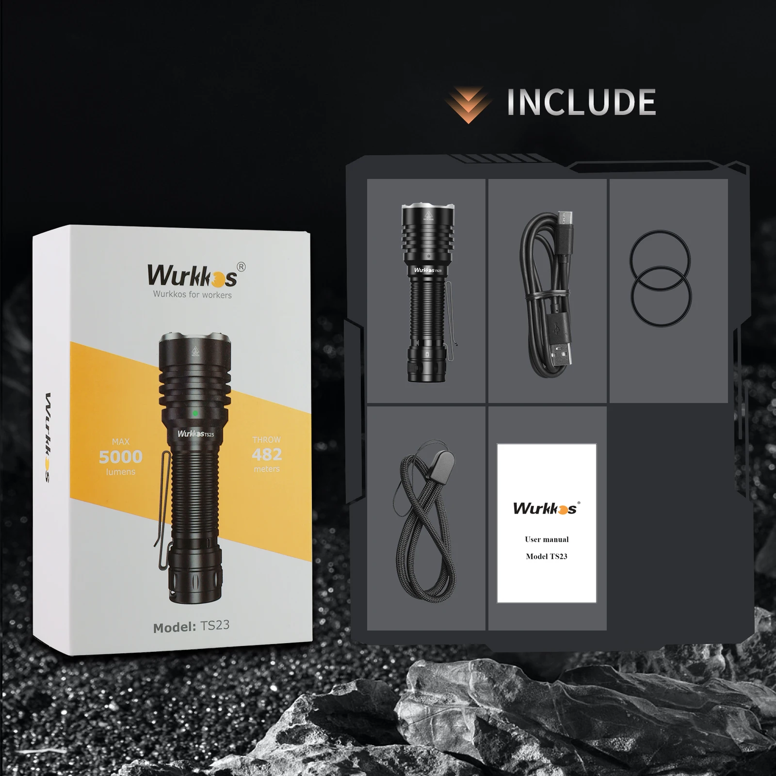 Wurkkos TS23 21700 Rechargeable Tactical Flashlight XHP70.3 HI LED 5000Lm Torch IPX8 Waterproof Two Group Mode EDC Tail Switch