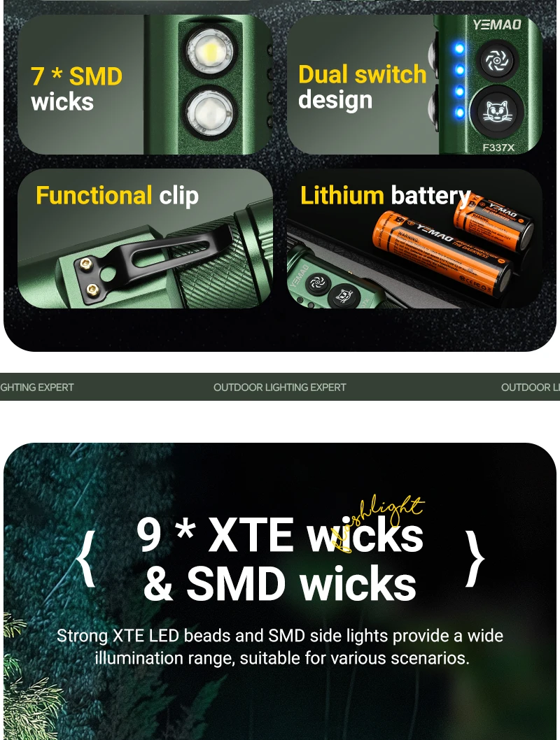 YEMAO F337X Powerful Led Flashlight 7 XTE Leds 3000 Lumens 200 Meters 18650 Battery Multi-color Auxiliary Lights EDC Torches