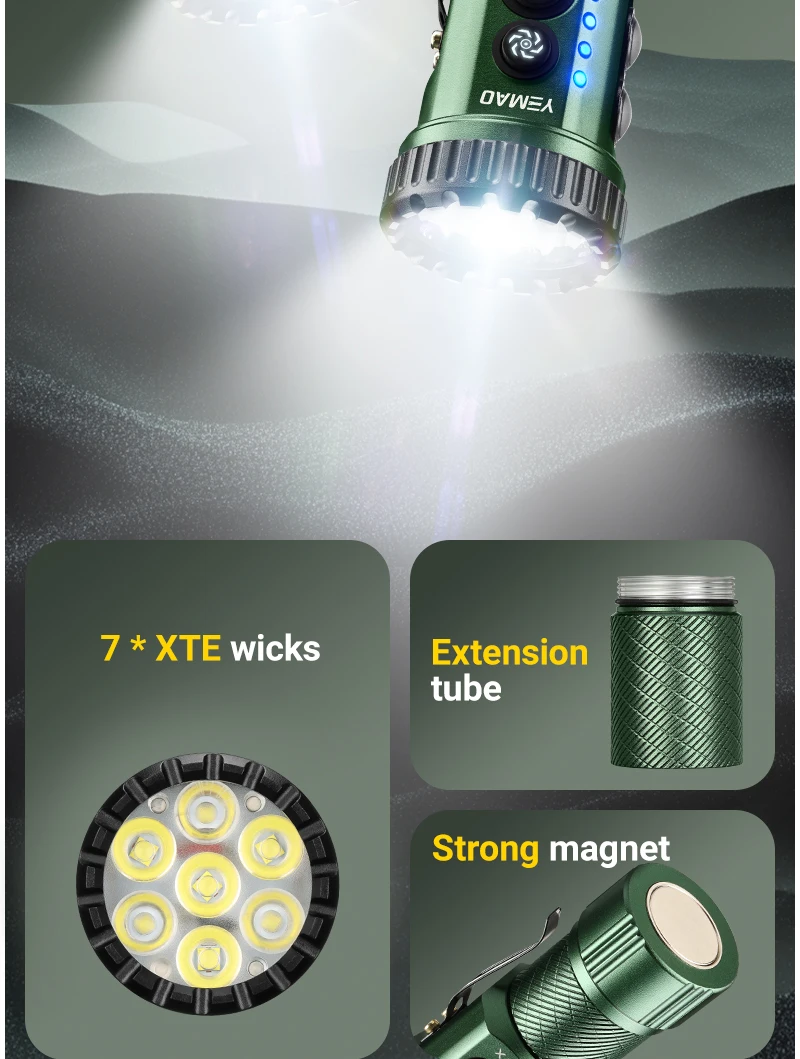 YEMAO F337X Powerful Led Flashlight 7 XTE Leds 3000 Lumens 200 Meters 18650 Battery Multi-color Auxiliary Lights EDC Torches