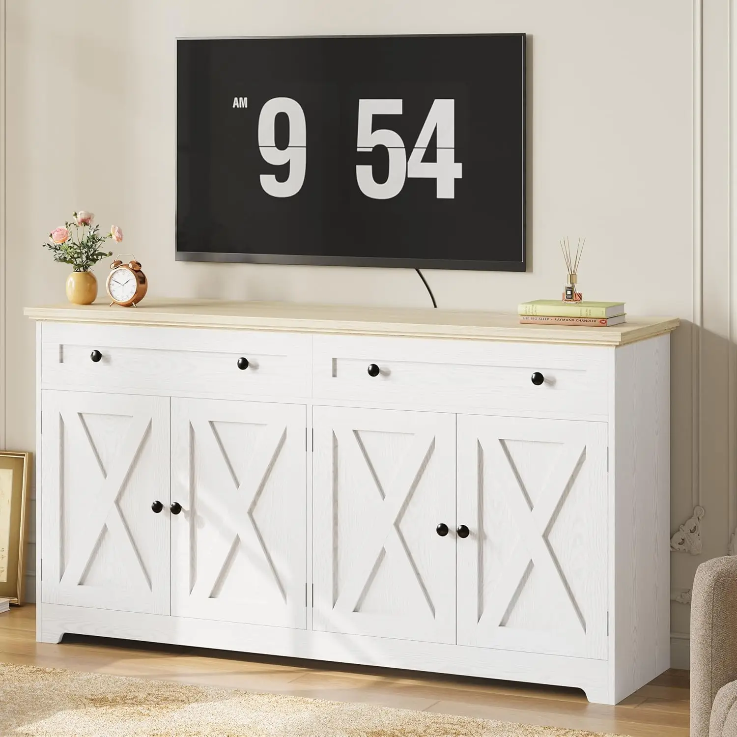 IRONCK Buffet Cabinet with Storage, Sideboard Storage Cabinet, Natural Wood, Kitchen Cabinet with Drawers & Doors, White