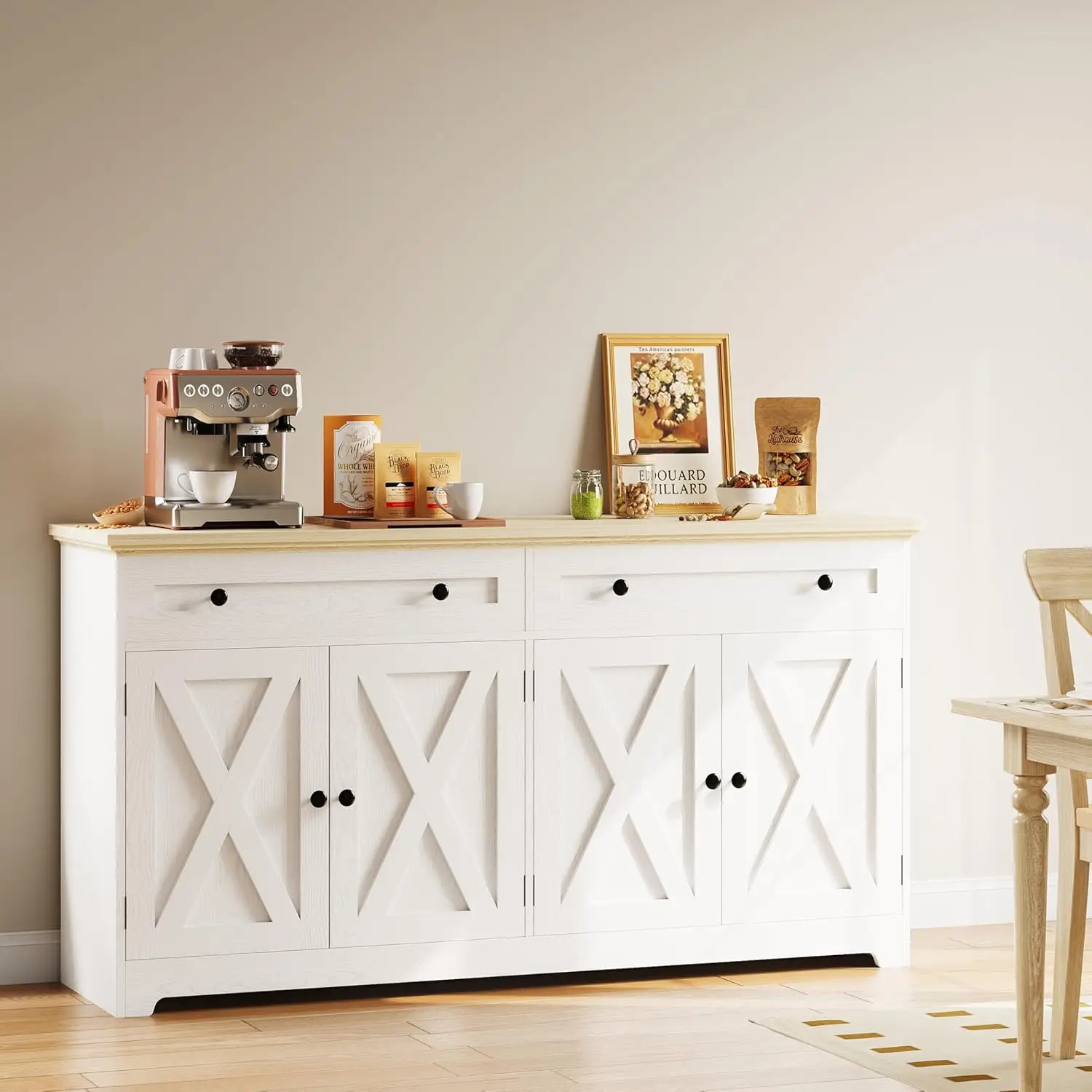 IRONCK Buffet Cabinet with Storage, Sideboard Storage Cabinet, Natural Wood, Kitchen Cabinet with Drawers & Doors, White