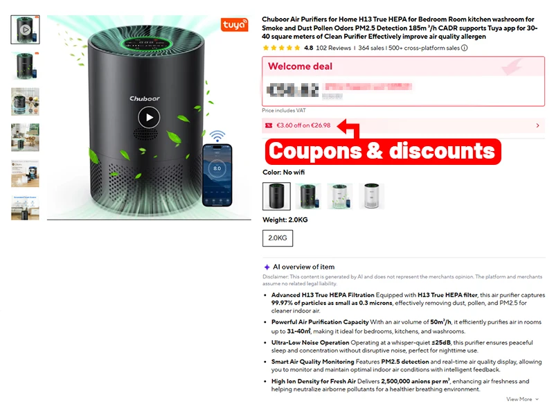 Chuboor Air Purifiers for Home H13 True HEPA for Bedroom Room Kitchen Washroom for Smoke and Dust Pollen Odors PM2.5 Detection 185m³/h CADR Supports Tuya App for 30-40 Square Meters of Clean Purifier Effectively Improve Air Quality Allergen