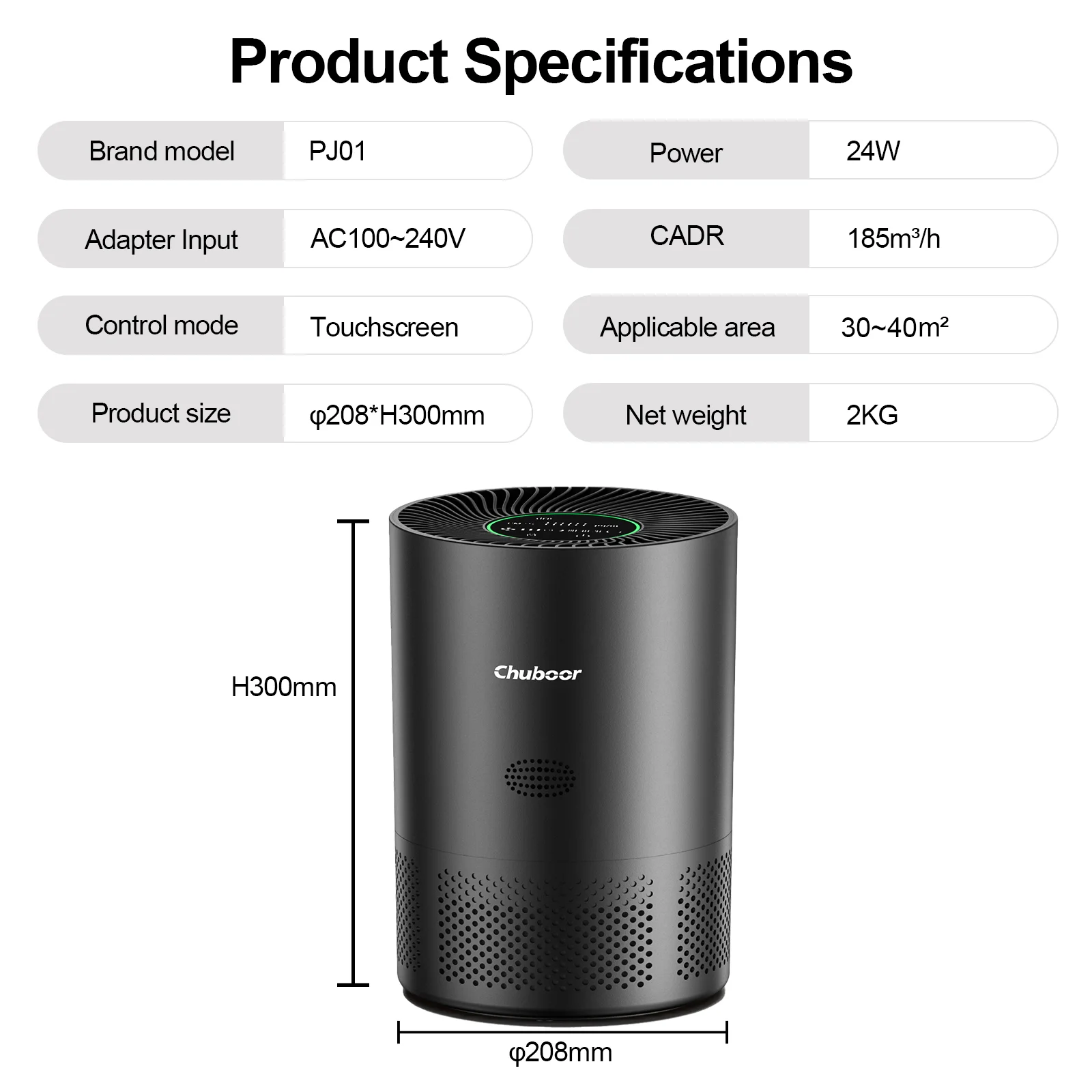 Chuboor Air Purifiers for Home H13 True HEPA for Bedroom Room Kitchen Washroom for Smoke and Dust Pollen Odors PM2.5 Detection 185m³/h CADR Supports Tuya App for 30-40 Square Meters of Clean Purifier Effectively Improve Air Quality Allergen
