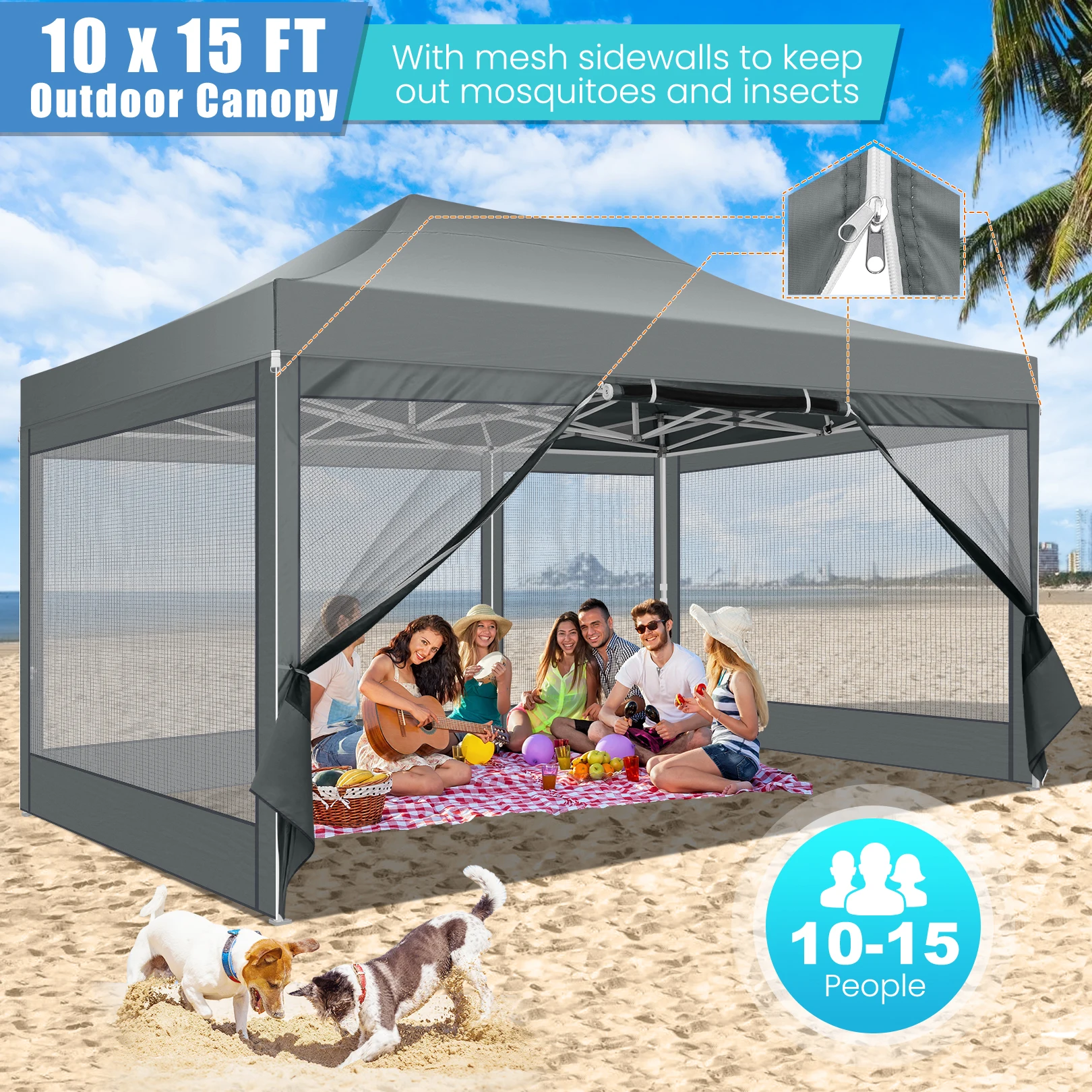 10x15 FT Heavy Duty Pop Up Canopy with 4 Sidewalls, Commercial Gazebo Party Tent with Mosquito Netting Wall Easy Set Up Outdoor Frame Steel