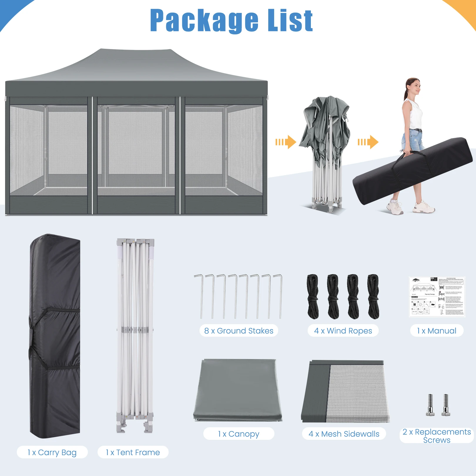 10x15 FT Heavy Duty Pop Up Canopy with 4 Sidewalls, Commercial Gazebo Party Tent with Mosquito Netting Wall Easy Set Up Outdoor Frame Steel