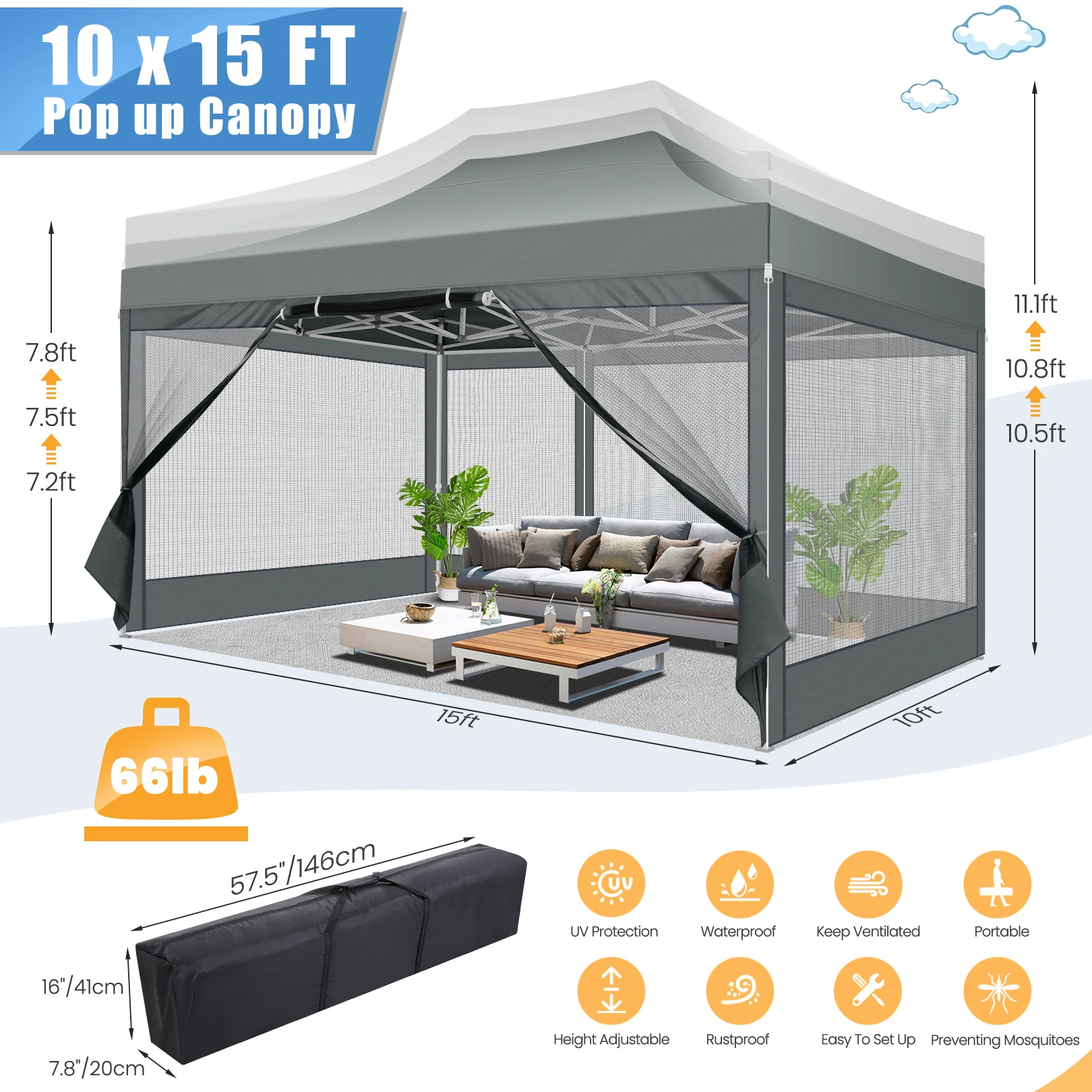 10x15 FT Heavy Duty Pop Up Canopy with 4 Sidewalls, Commercial Gazebo Party Tent with Mosquito Netting Wall Easy Set Up Outdoor Frame Steel