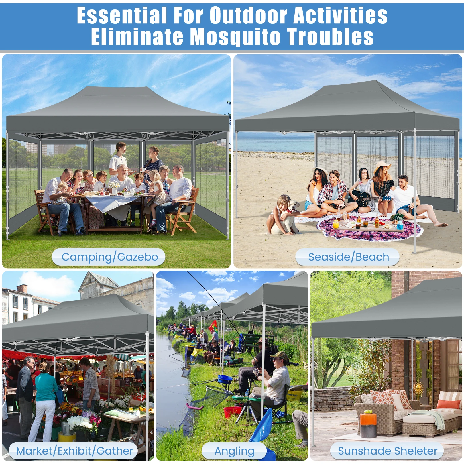 10x15 FT Heavy Duty Pop Up Canopy with 4 Sidewalls, Commercial Gazebo Party Tent with Mosquito Netting Wall Easy Set Up Outdoor Frame Steel