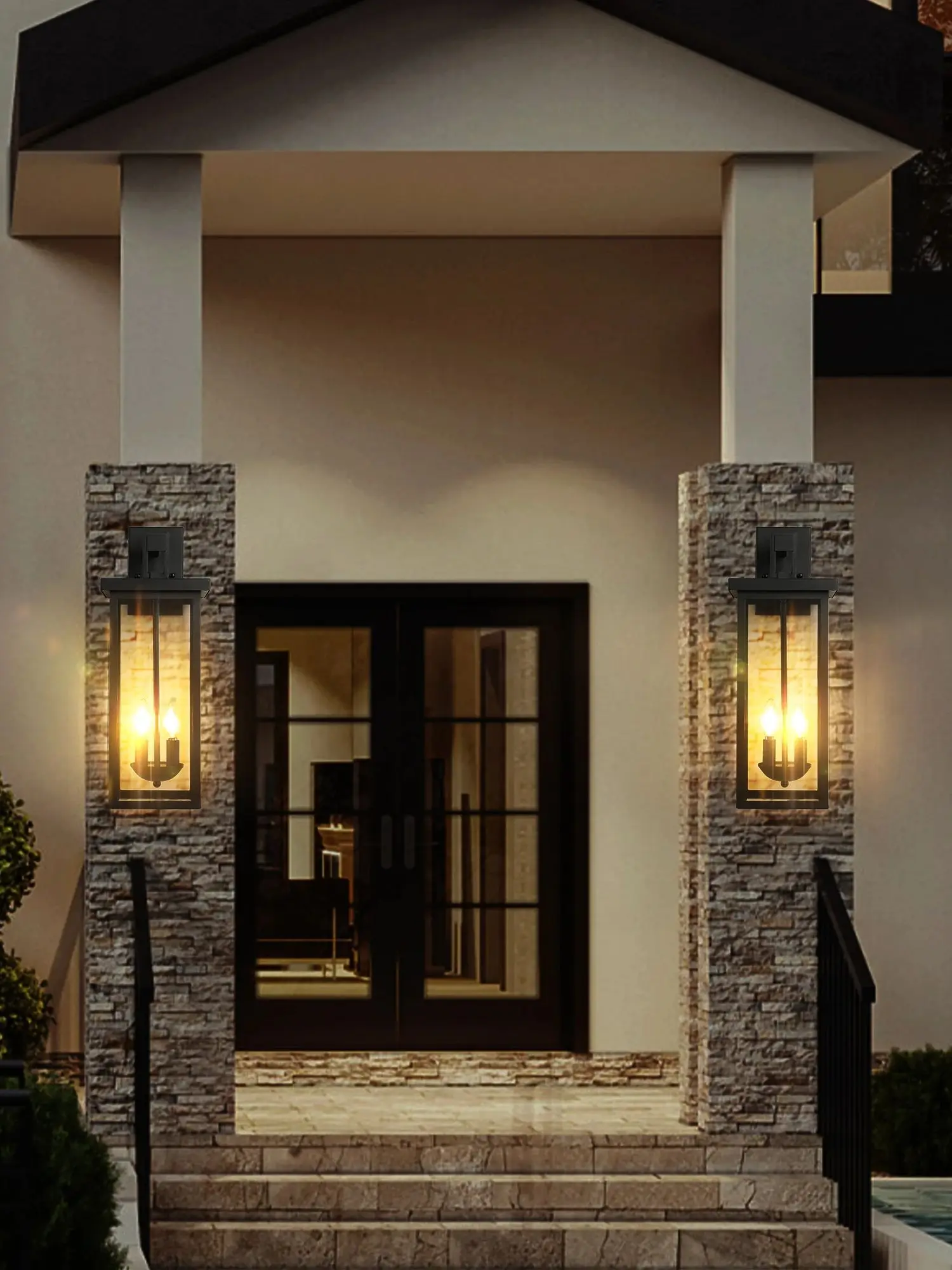 22"(H) Outdoor Wall Lantern with Dusk to Dawn Sensor Matte Black Finish Clear Glass Panels Weatherproof Exterior Light