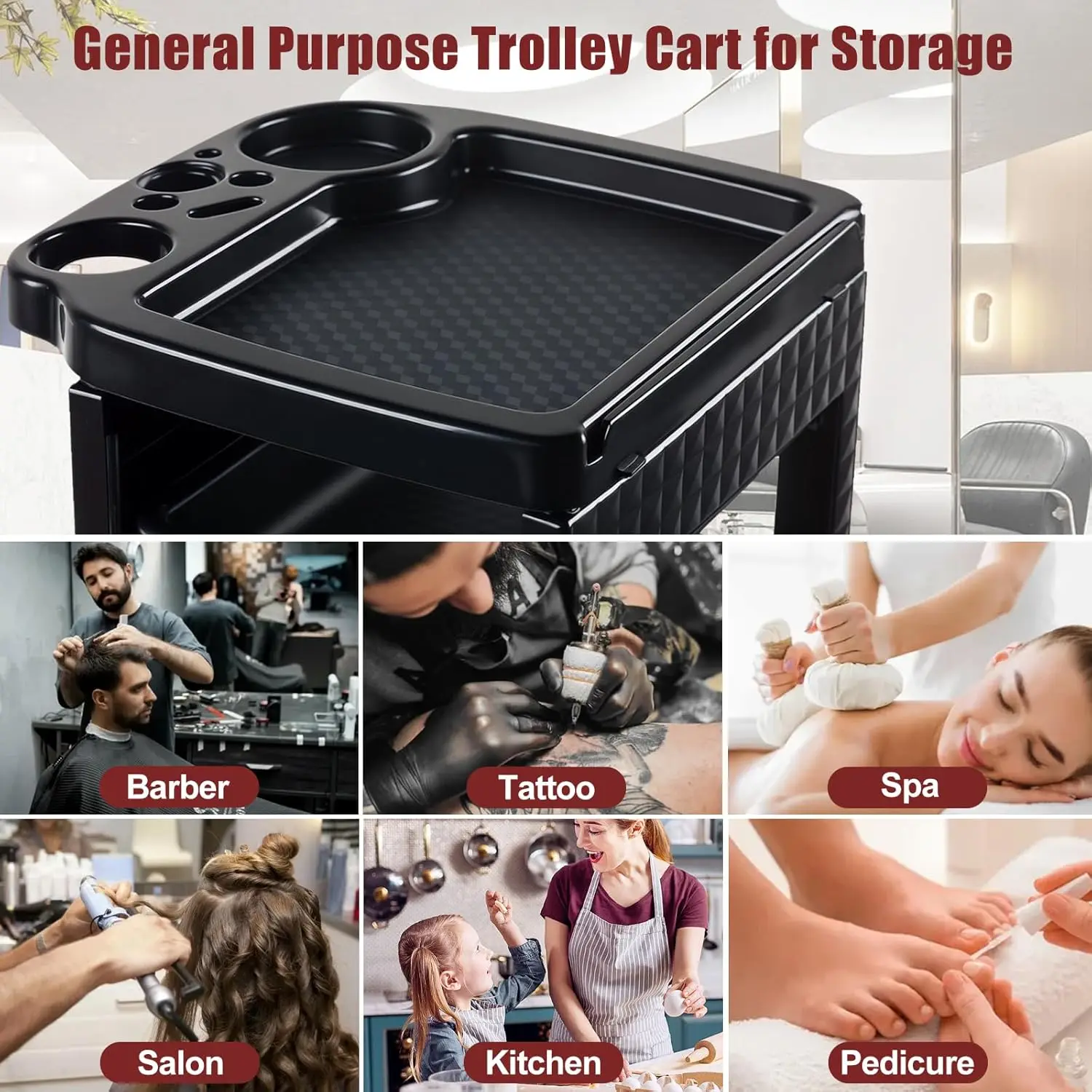 5-Tier Black Salon Hairdressing Rolling Cart with Wheels – Mobile Storage Trolley for Cosmetology, Makeup, Nail Supplies