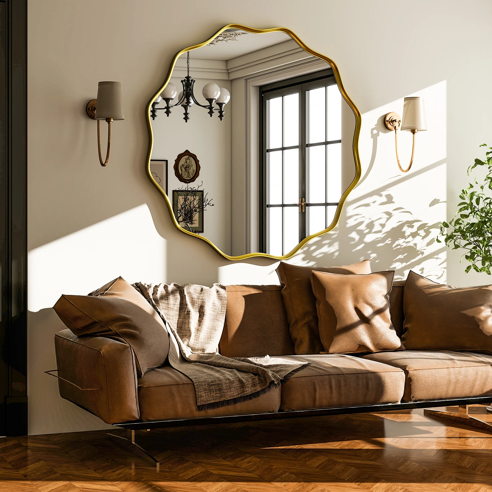 Wavy Round Bathroom Mirror Decorative Wall Mirror with Deep Frame