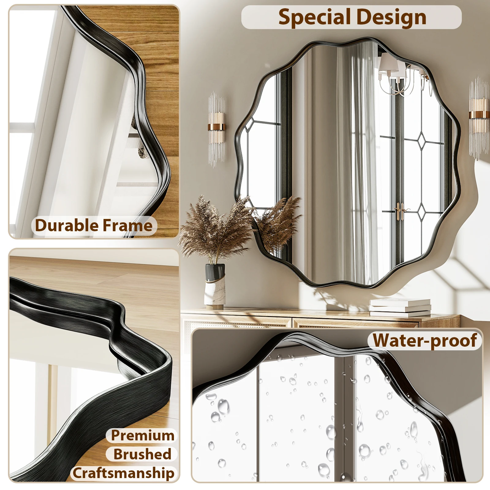 Wavy Round Bathroom Mirror Decorative Wall Mirror with Deep Frame