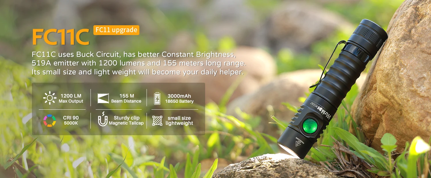 Wurkkos FC11C Flashlight Nippon Chemical 519A Mountaineering Edition 18650 Battery Max Output 1200 Lm USB-C Charging Daily Carry