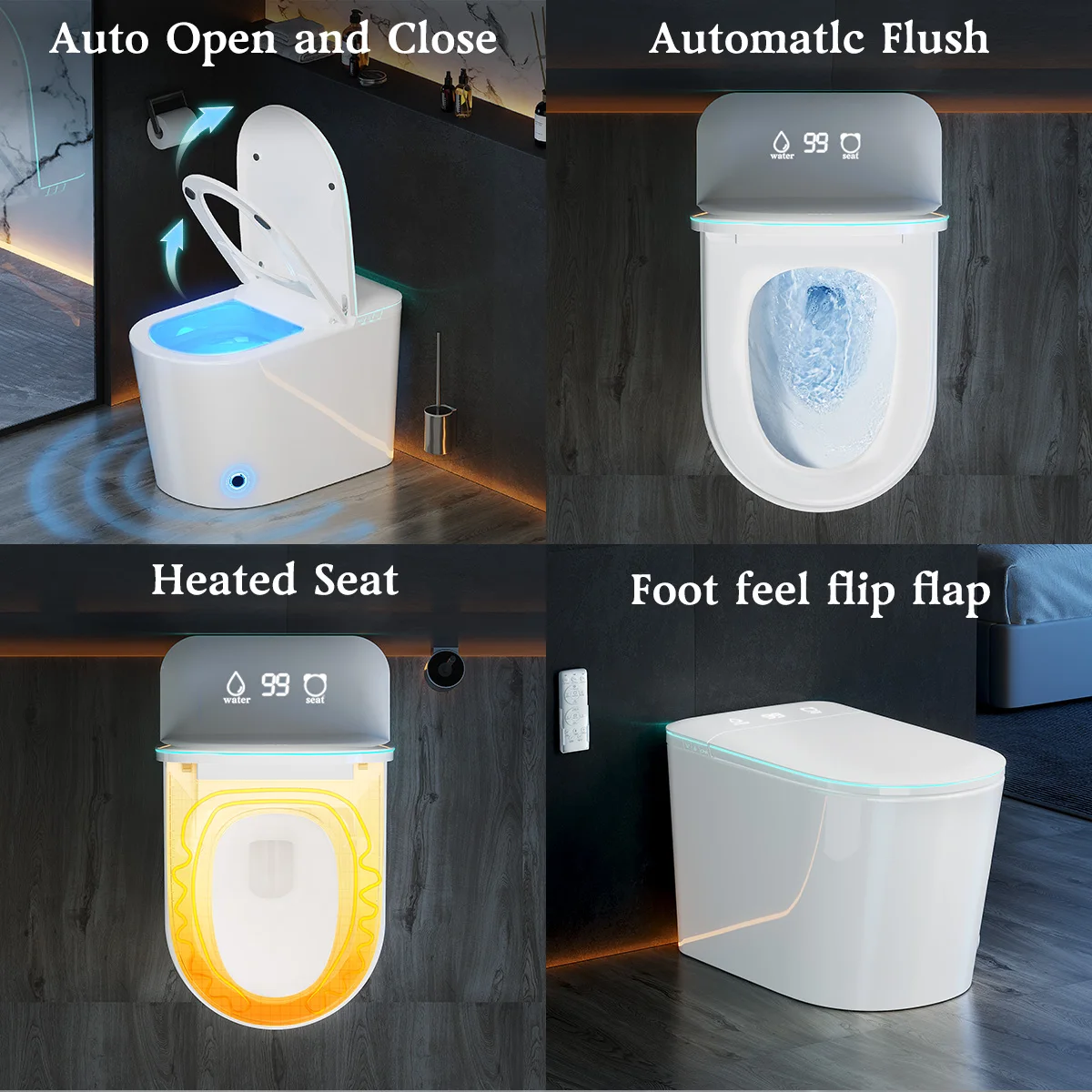 Hcore Smart Tankless One-Piece Toilet with Built-in Bidet Heated Seat Night Light UV Dryer Foot Sensor Auto Lid&Seat