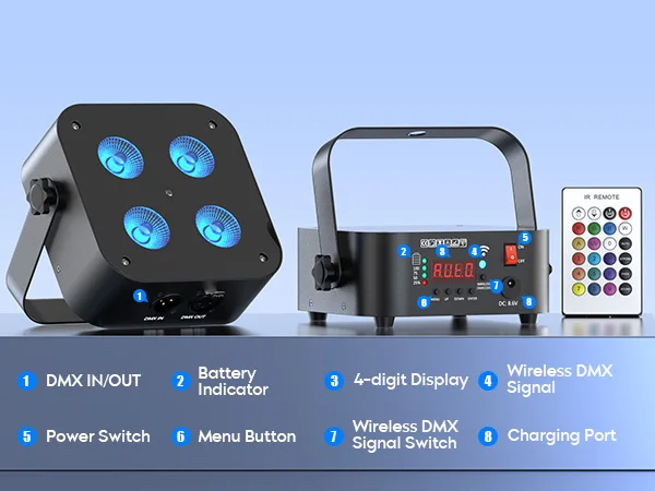 U'King 4PCS/8PCS 4x18W LED RGBWA+UV Par Light Wireless APP Control LED Par Light DMX Bulit-in Battery Stage Light for DJ Party