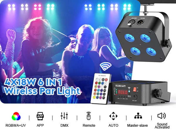 U'King 4PCS/8PCS 4x18W LED RGBWA+UV Par Light Wireless APP Control LED Par Light DMX Bulit-in Battery Stage Light for DJ Party