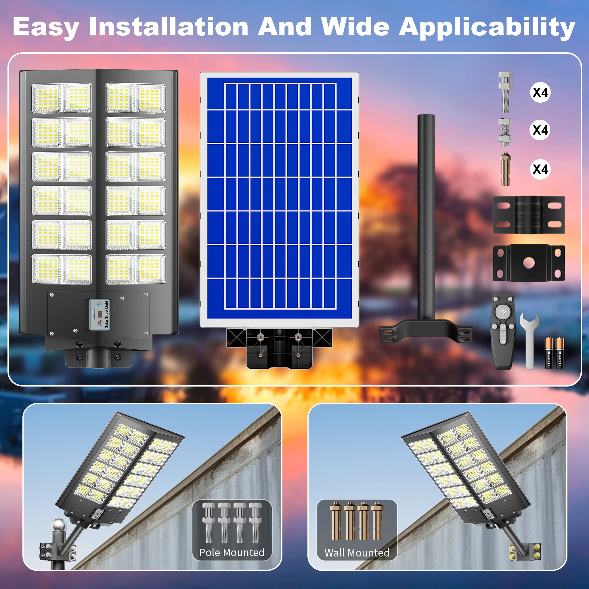 1-Pack 6000W Solar LED Flood Light, Solar Street Light with Motion Sensor & Remote Control, Dusk-to-Dawn Auto On/Off, 3 Brightness Modes, IP65 Waterproof, Easy Installation, Ideal for Yard, Patio, Basketball Court, Parking Lot & Street