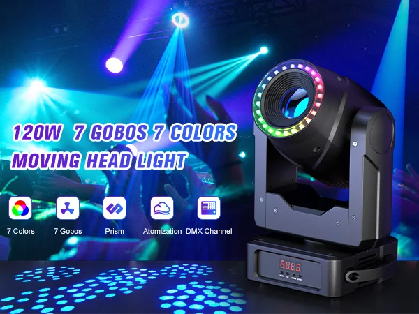 U'King 120W Focusing Moving Head Light DMX Stage Light with Halo Strip 7Gobos 7Colors 3Prisms RGBW LED Spotlight for DJ Disco