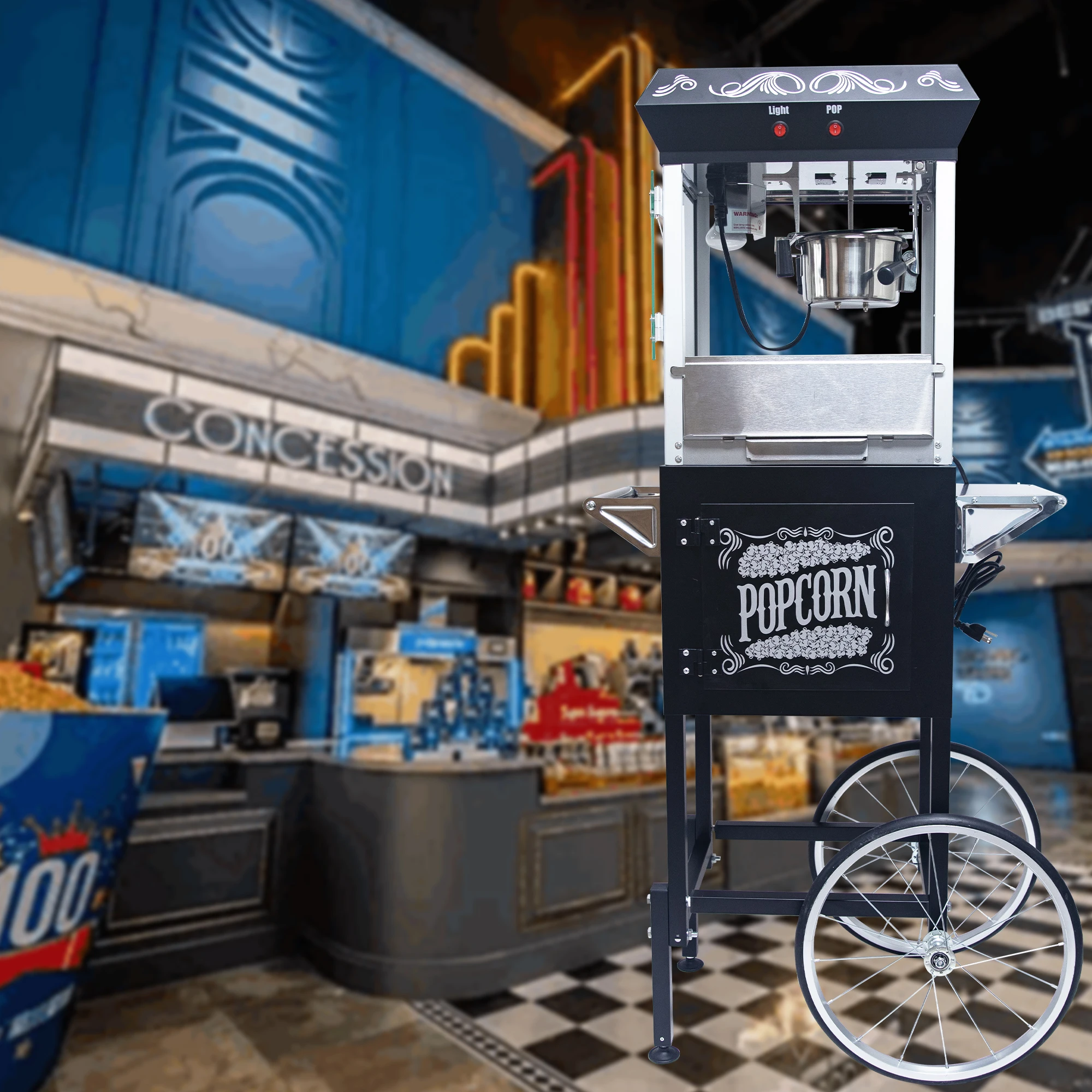 Popcorn Machine with Cart, 8Oz Stainless Steel Kettle, 650W Theater-Style Popper with Heated Warming Deck for Home Theater
