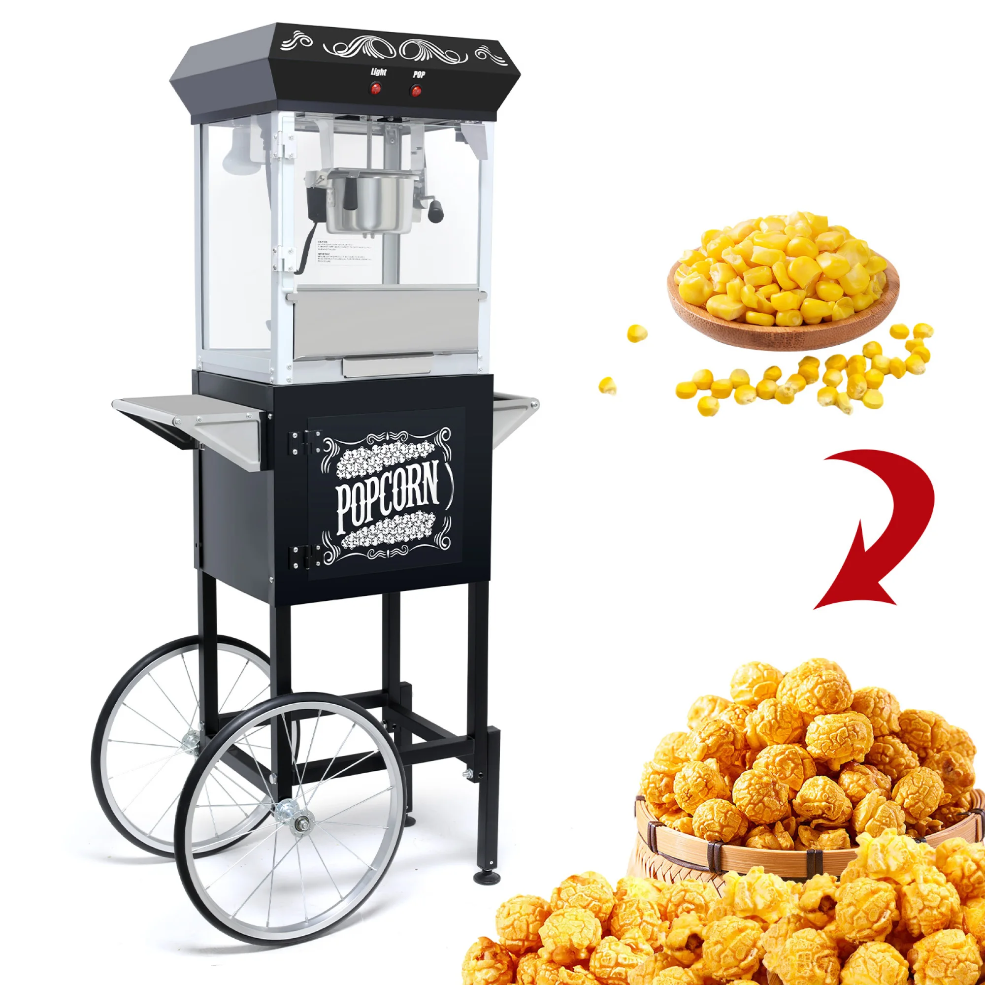 Popcorn Machine with Cart, 8Oz Stainless Steel Kettle, 650W Theater-Style Popper with Heated Warming Deck for Home Theater