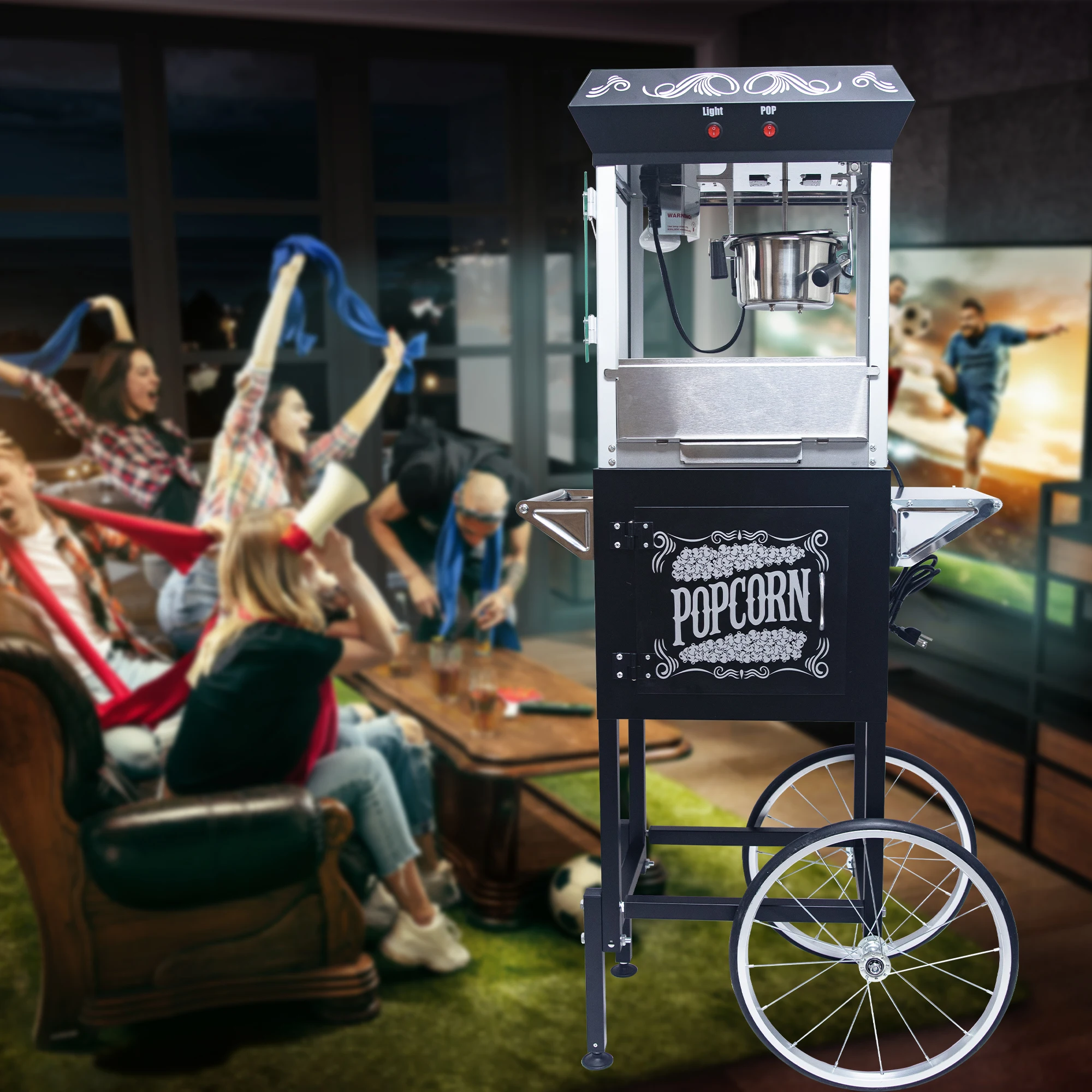 Popcorn Machine with Cart, 8Oz Stainless Steel Kettle, 650W Theater-Style Popper with Heated Warming Deck for Home Theater
