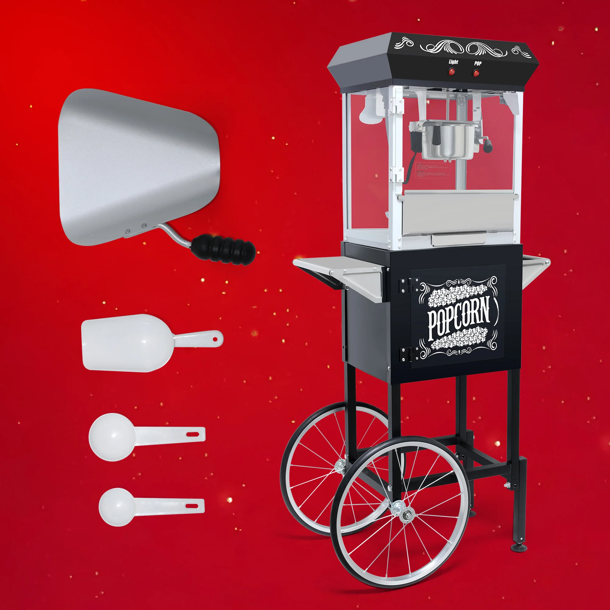 Popcorn Machine with Cart, 8Oz Stainless Steel Kettle, 650W Theater-Style Popper with Heated Warming Deck for Home Theater