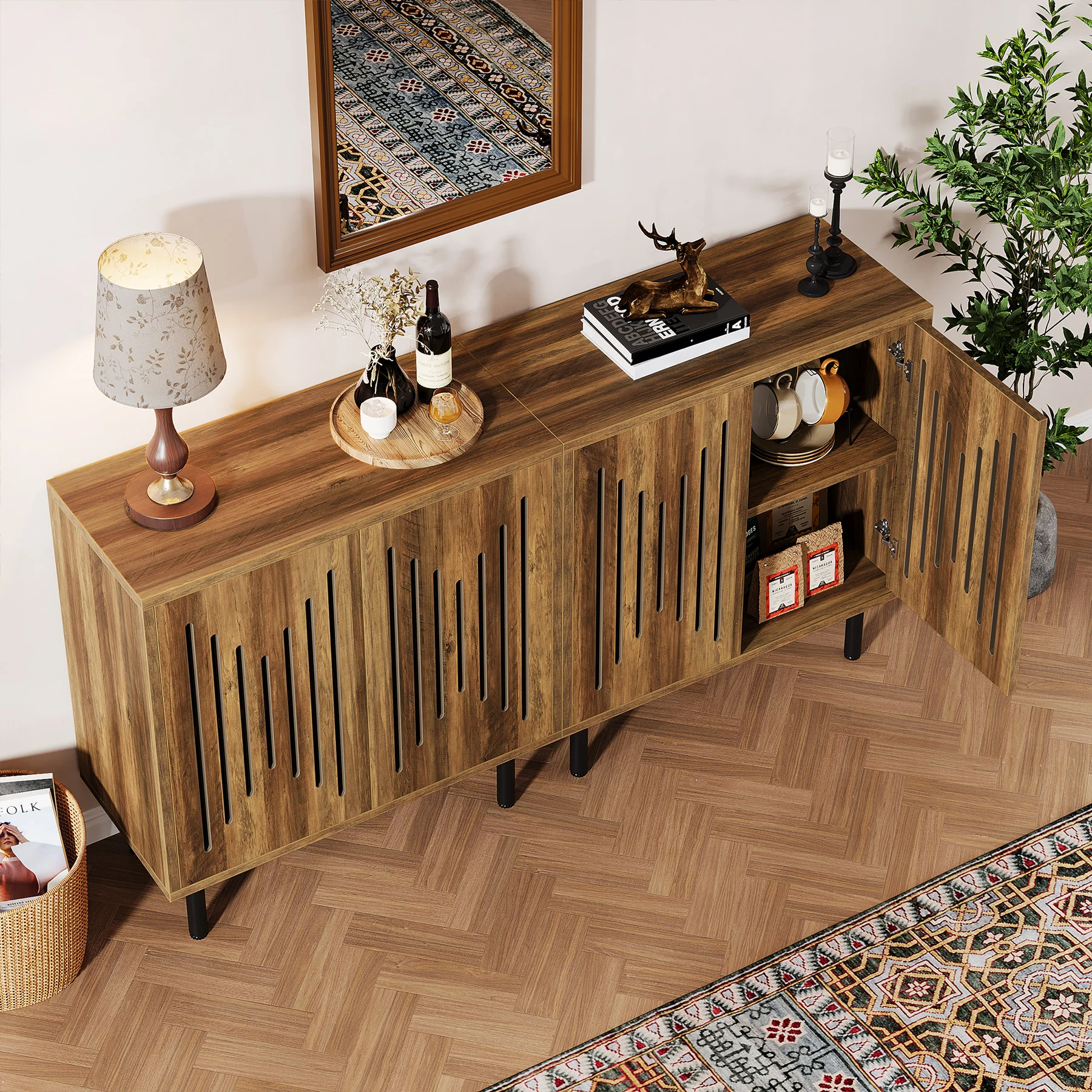 Tribesigns Vintage Storage Cabinet Set of 2, 59" Sideboard Buffet with Storage, Farmhouse Buffet Sideboard Cabinet with Doors