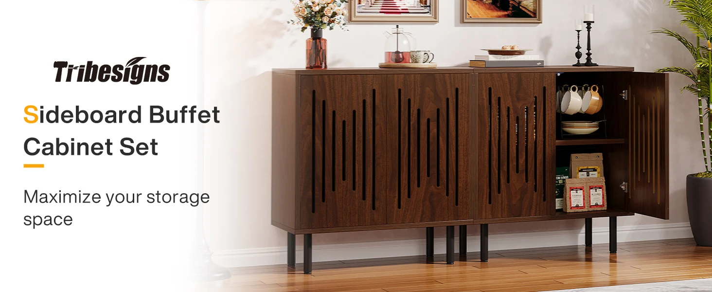 Tribesigns Vintage Storage Cabinet Set of 2, 59" Sideboard Buffet with Storage, Farmhouse Buffet Sideboard Cabinet with Doors