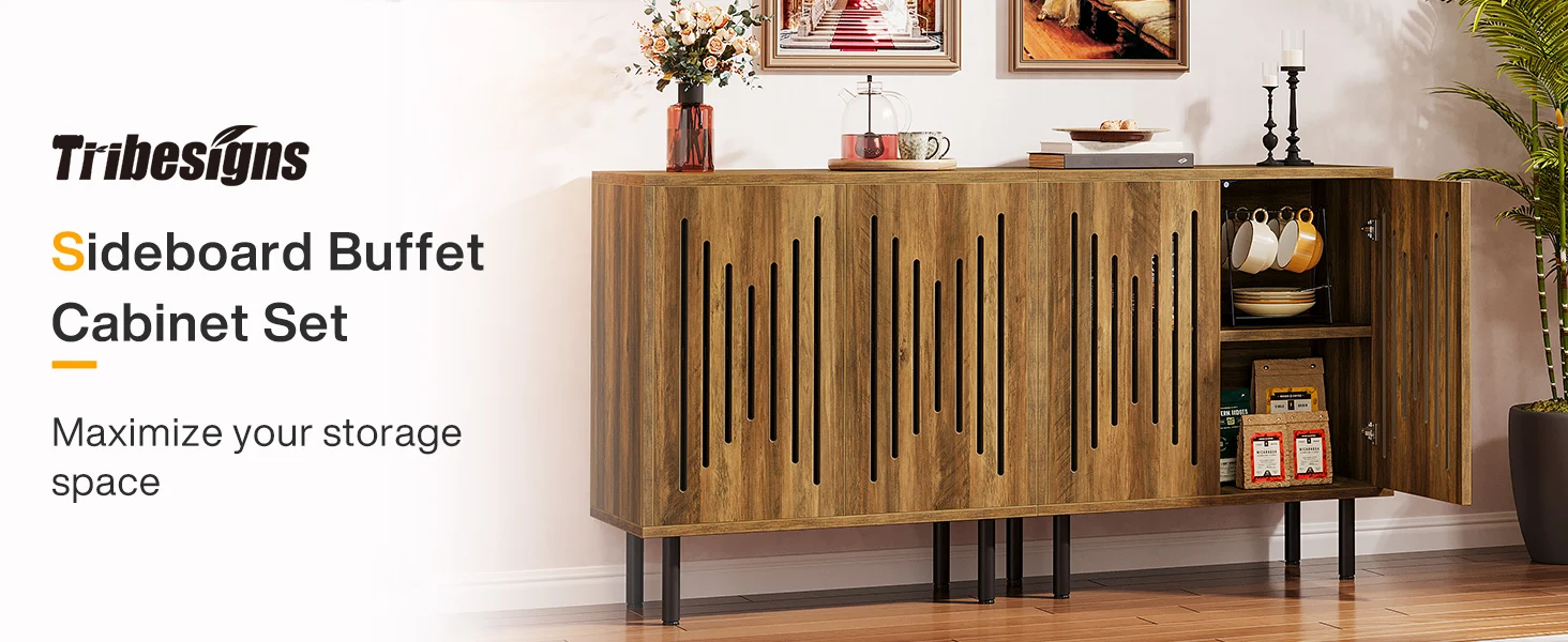 Tribesigns Vintage Storage Cabinet Set of 2, 59" Sideboard Buffet with Storage, Farmhouse Buffet Sideboard Cabinet with Doors