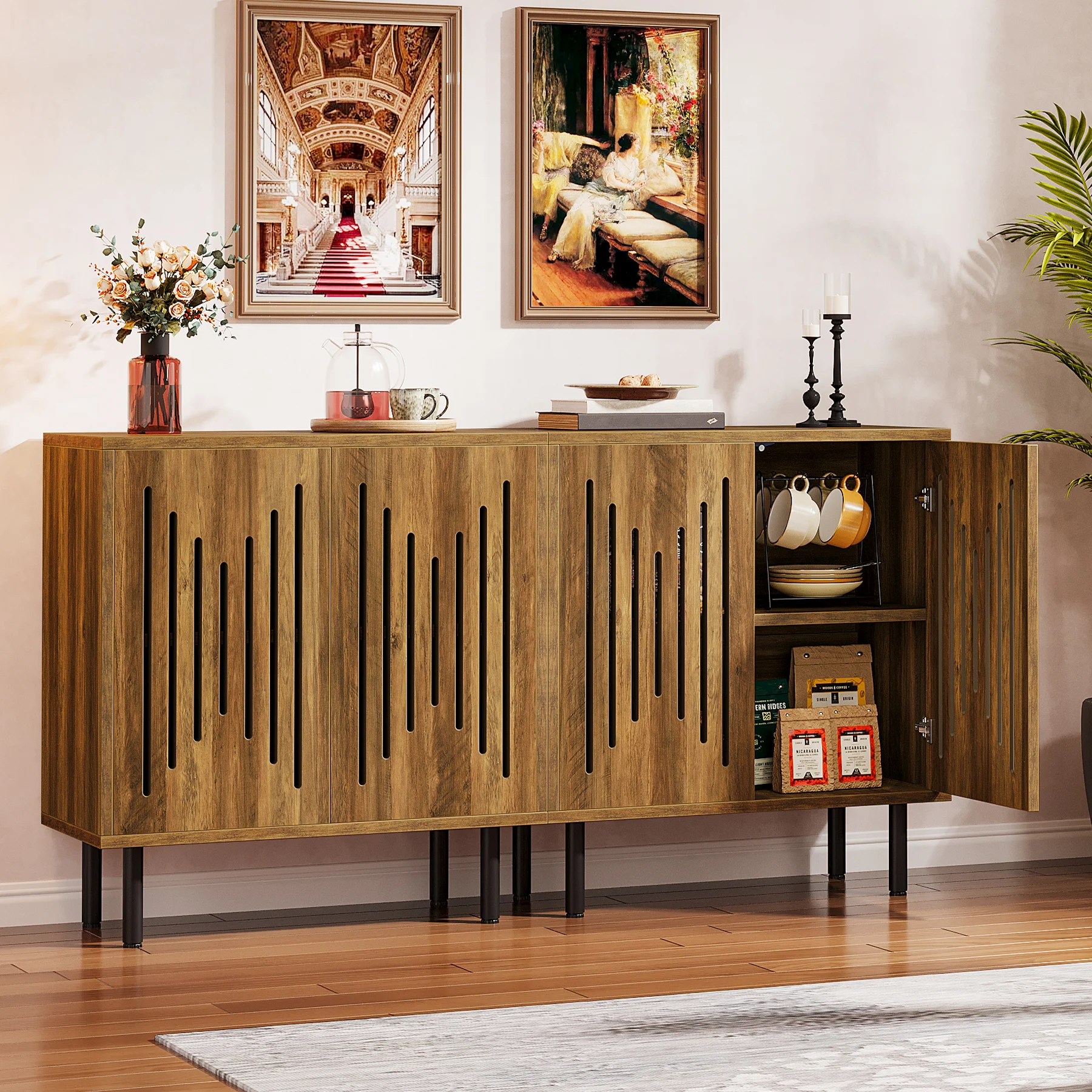 Tribesigns Vintage Storage Cabinet Set of 2, 59" Sideboard Buffet with Storage, Farmhouse Buffet Sideboard Cabinet with Doors