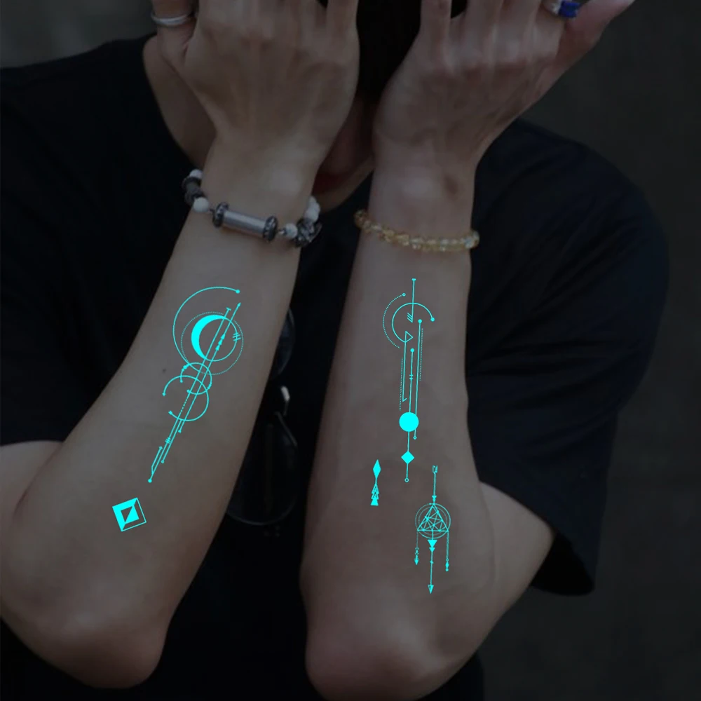 4pcs Blue Luminous Waterproof Temporary Tattoo Sticker Geometric Butterfly Flower Rose Moon Women Men Arm Body Art Fake Tattoos