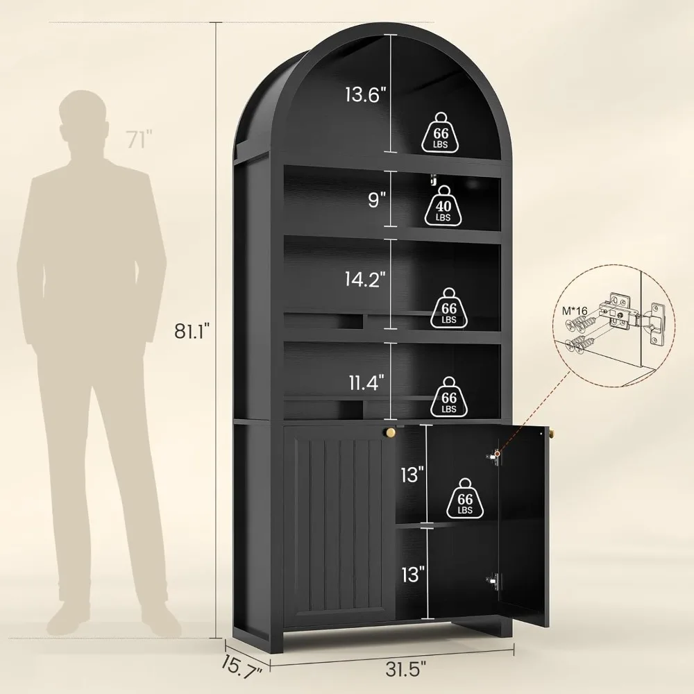 81-inch tall arched cabinet, bookcase with storage space, six-tiered bookshelf in a medieval-modern style, Customizable