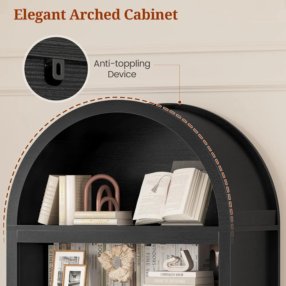 81-inch tall arched cabinet, bookcase with storage space, six-tiered bookshelf in a medieval-modern style, Customizable