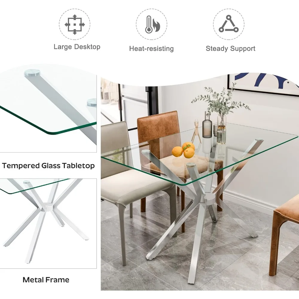 Modern Rectangular Glass Dining Table Set for 4, 47" Clear Tempered Glass Kitchen Table with Silver Metal Legs & 4 Black PU Faux