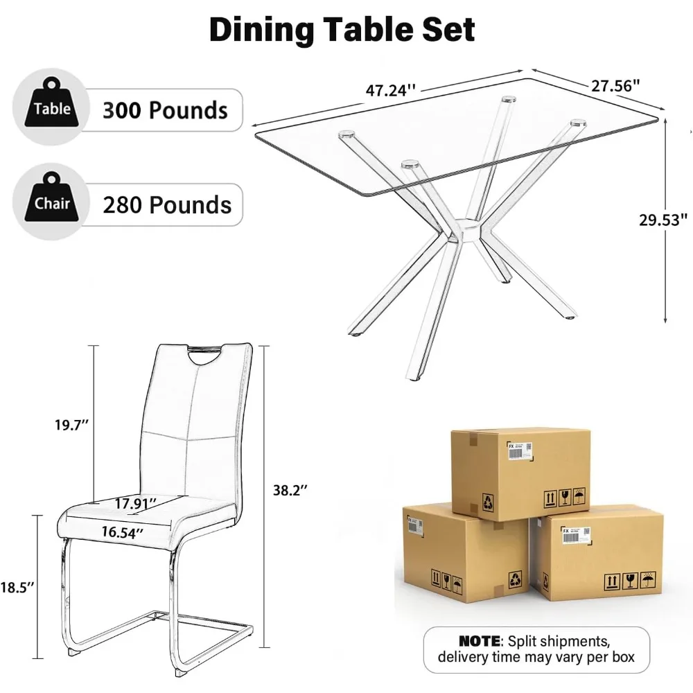Modern Rectangular Glass Dining Table Set for 4, 47" Clear Tempered Glass Kitchen Table with Silver Metal Legs & 4 Black PU Faux