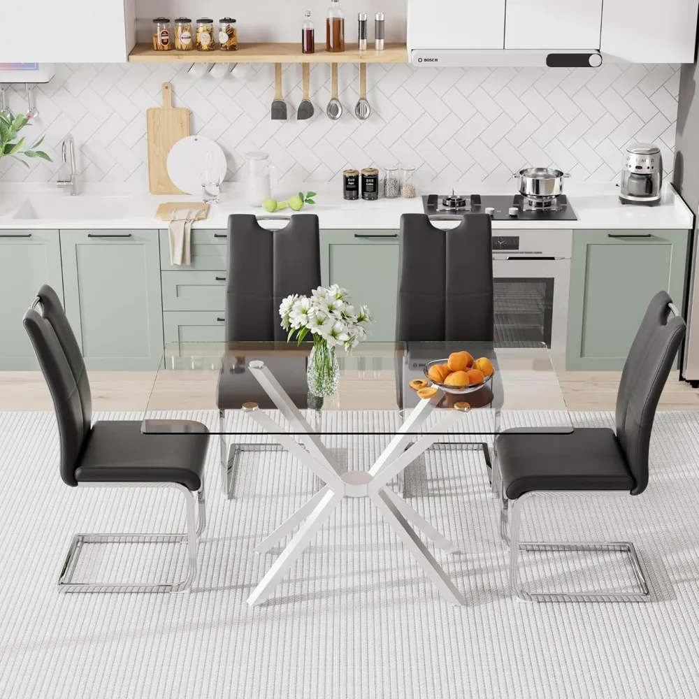 Modern Rectangular Glass Dining Table Set for 4, 47" Clear Tempered Glass Kitchen Table with Silver Metal Legs & 4 Black PU Faux