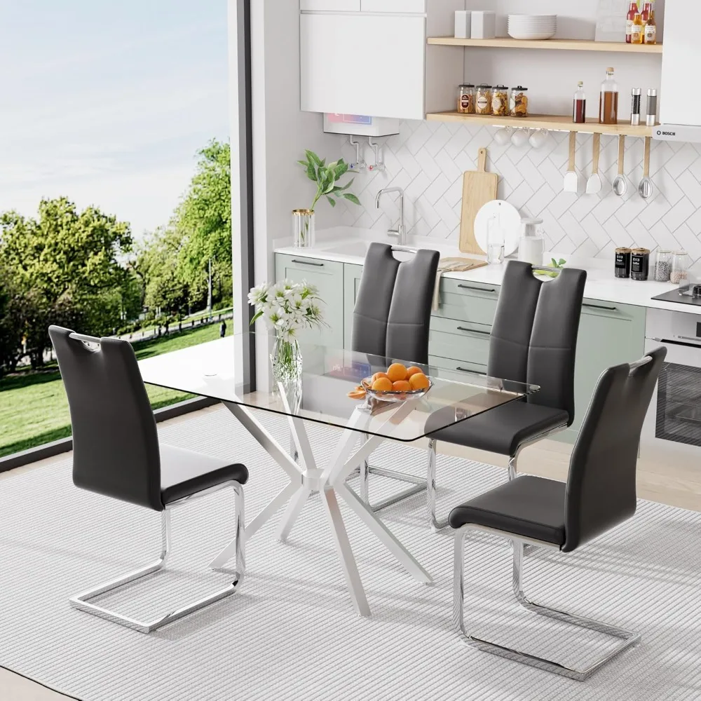 Modern Rectangular Glass Dining Table Set for 4, 47" Clear Tempered Glass Kitchen Table with Silver Metal Legs & 4 Black PU Faux
