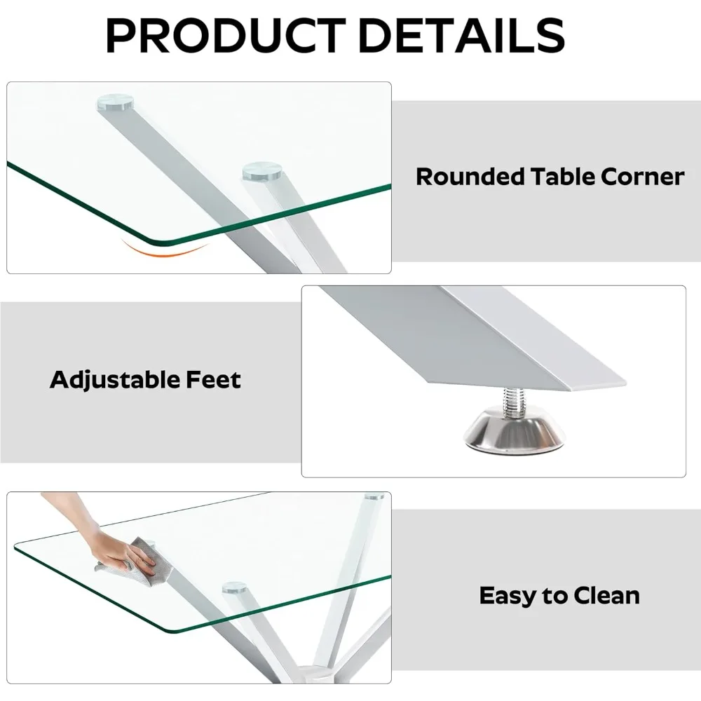Modern Rectangular Glass Dining Table Set for 4, 47" Clear Tempered Glass Kitchen Table with Silver Metal Legs & 4 Black PU Faux